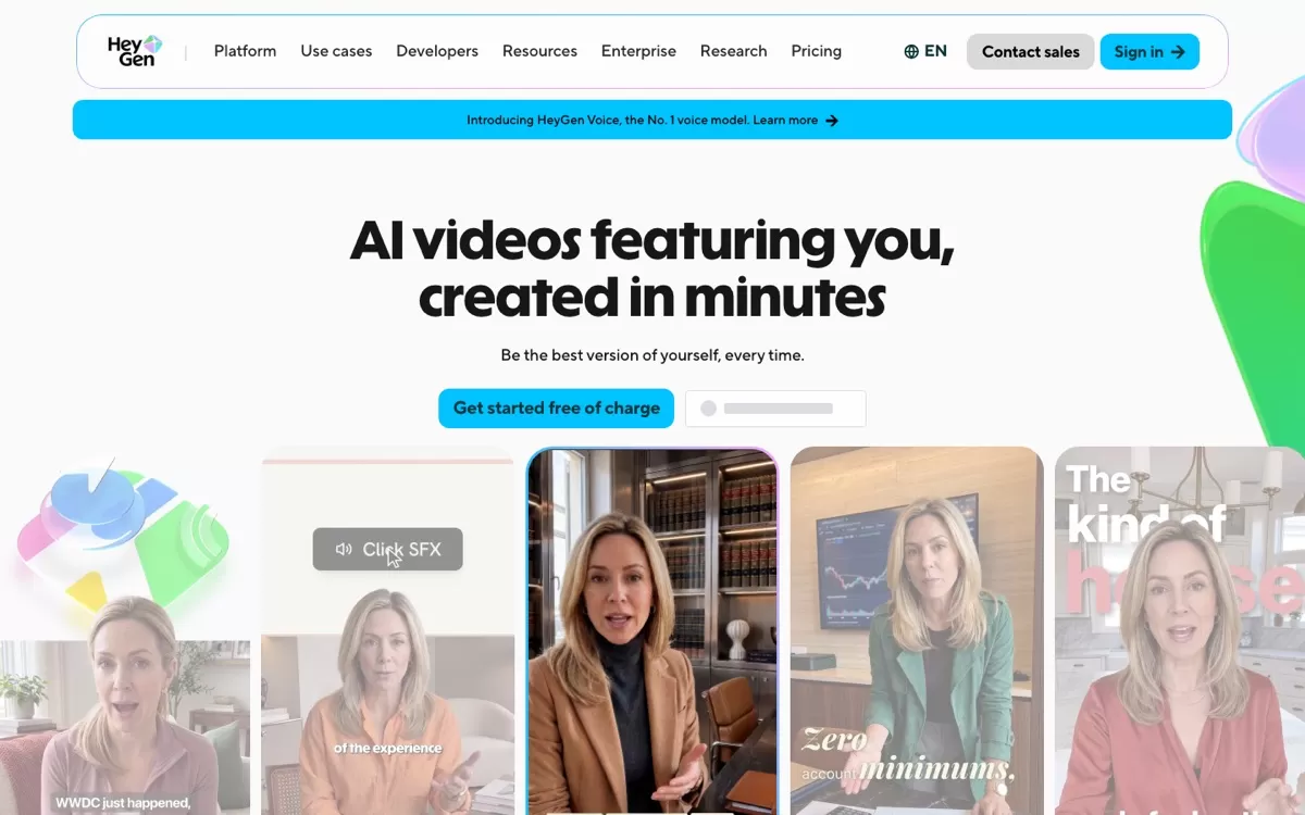 HeyGen homepage: AI videos featuring you, created in minutes, one of the best AI video editing tools