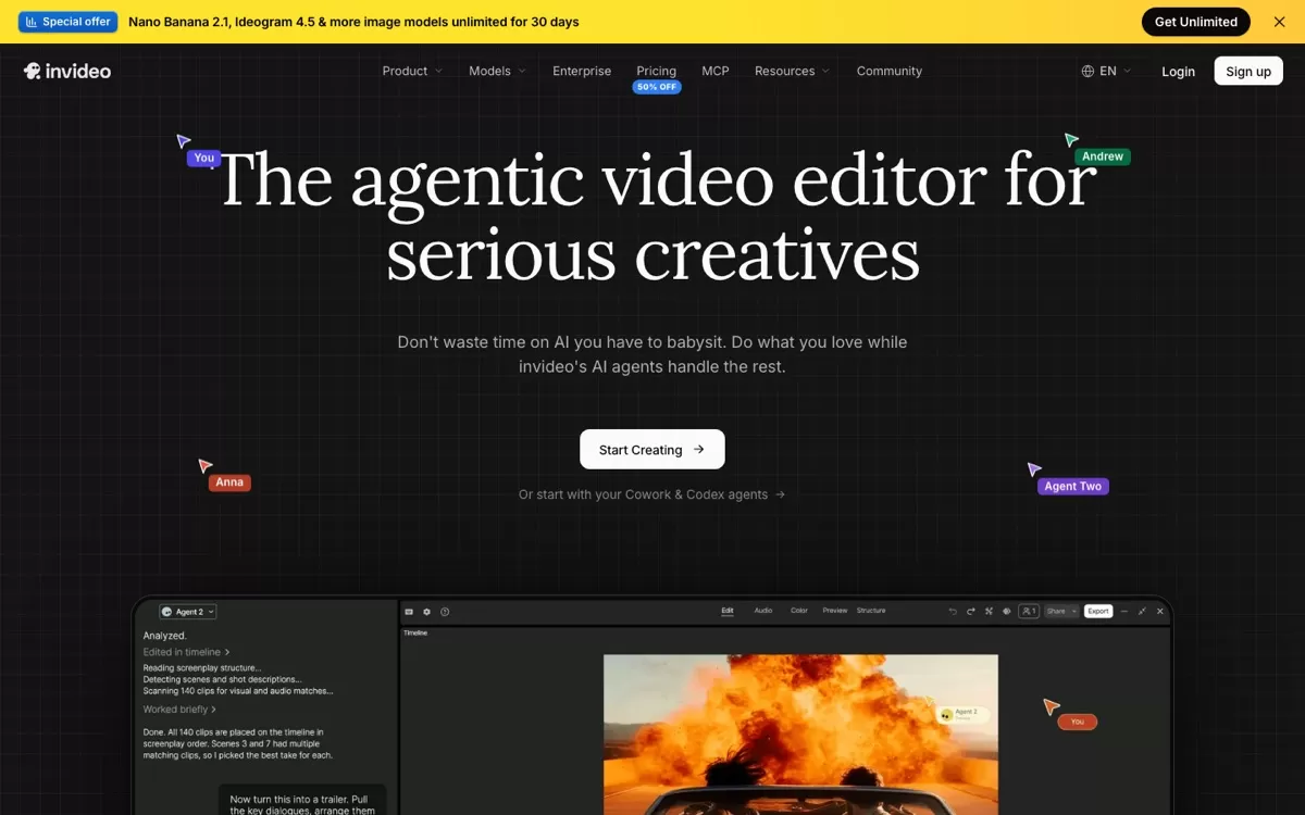 invideo homepage: the agentic video editor for serious creatives, one of the best AI video editing tools