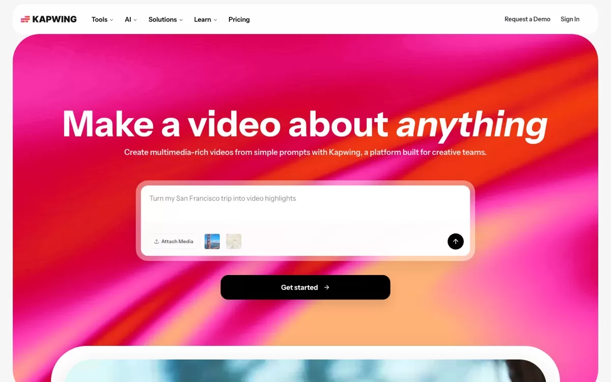 Kapwing homepage: make a video about anything, one of the best AI video editing tools
