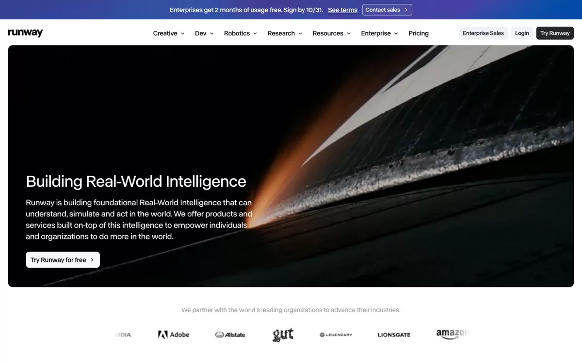 Runway homepage, the generative AI video platform, one of the best AI video editing tools