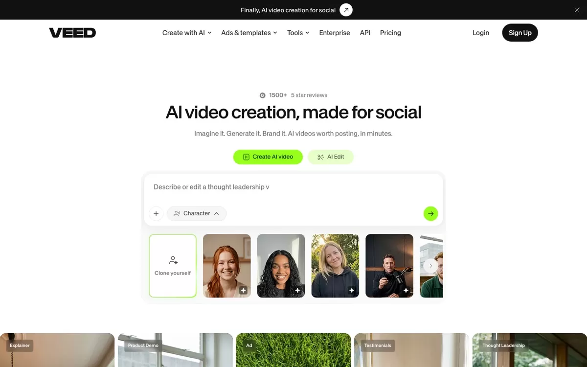 VEED homepage: AI video creation made for social, one of the best AI video editing tools