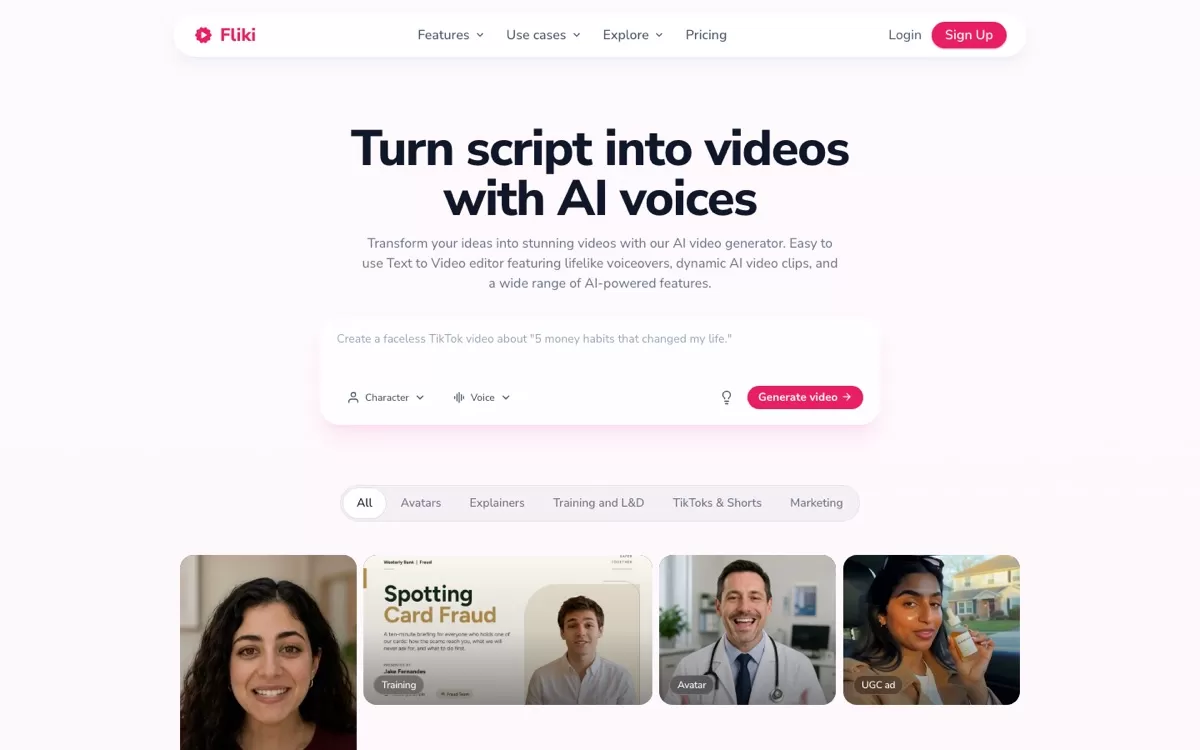 Fliki homepage: turn script into videos with AI voices, one of the best AI voice generators