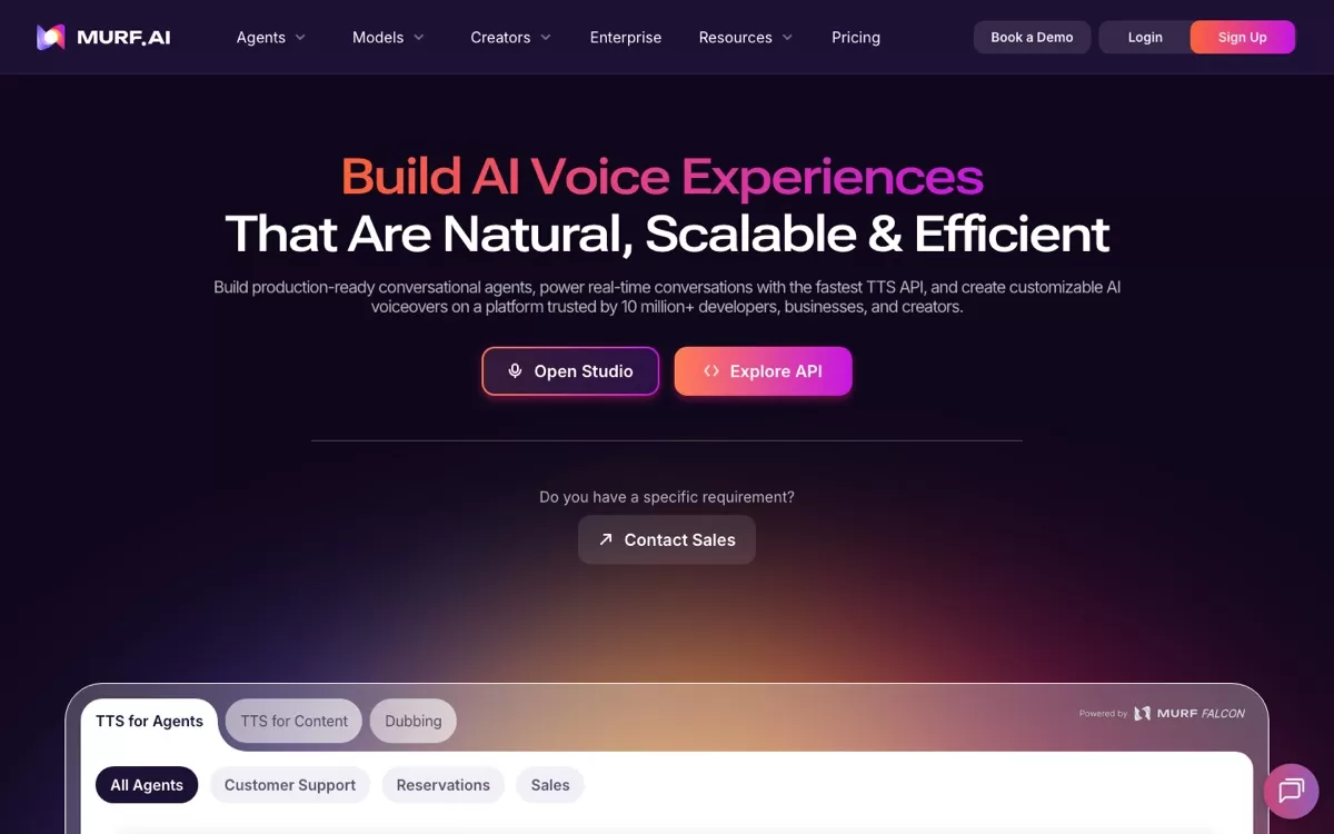 Murf AI homepage for AI voiceovers and voice agents, one of the best AI voice generators