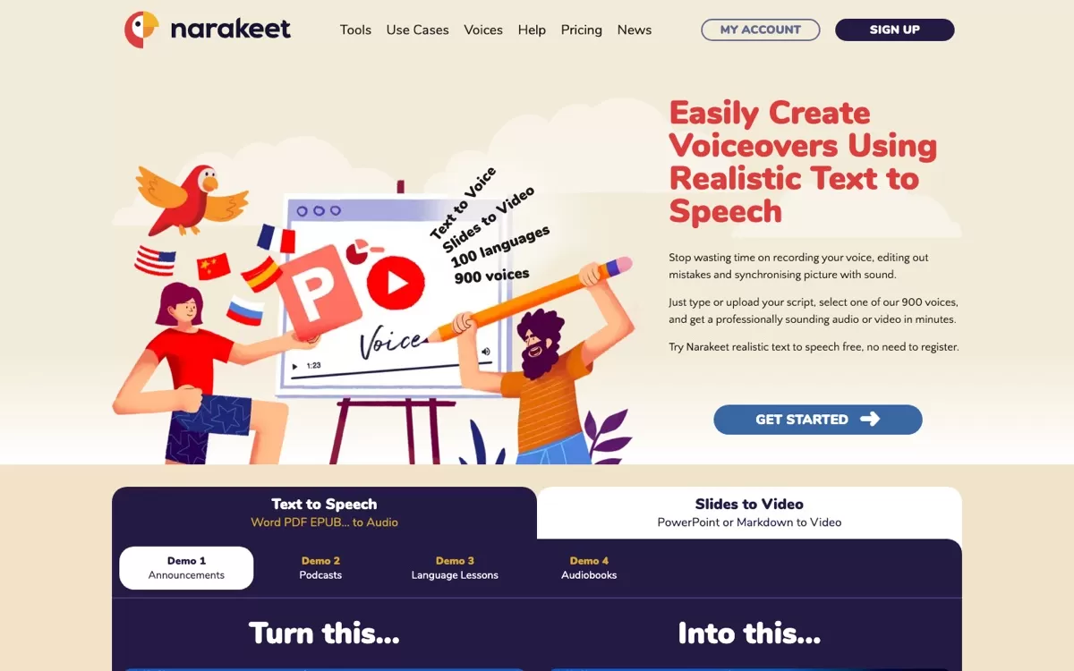 Narakeet homepage: easily create voiceovers using realistic text to speech, one of the best AI voice generators