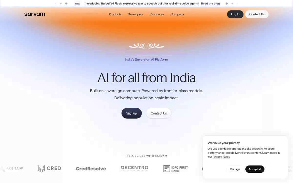 Sarvam AI homepage, AI for all from India, one of the best AI voice generators