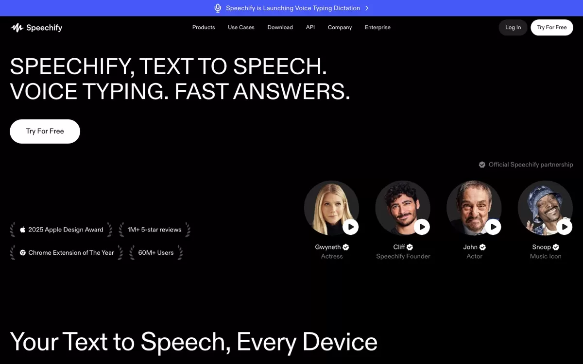 Speechify homepage, text to speech on every device, one of the best AI voice generators