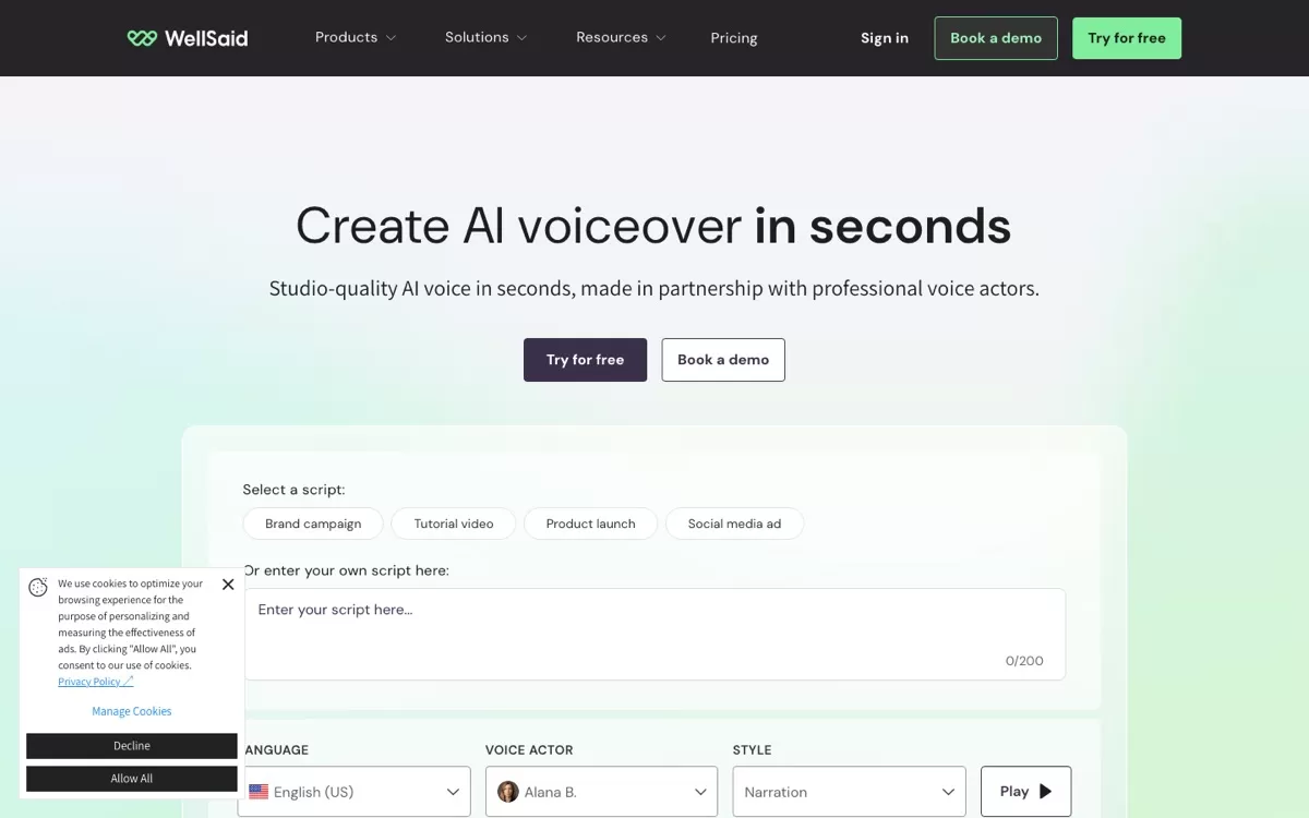 WellSaid homepage: create AI voiceover in seconds, one of the best AI voice generators