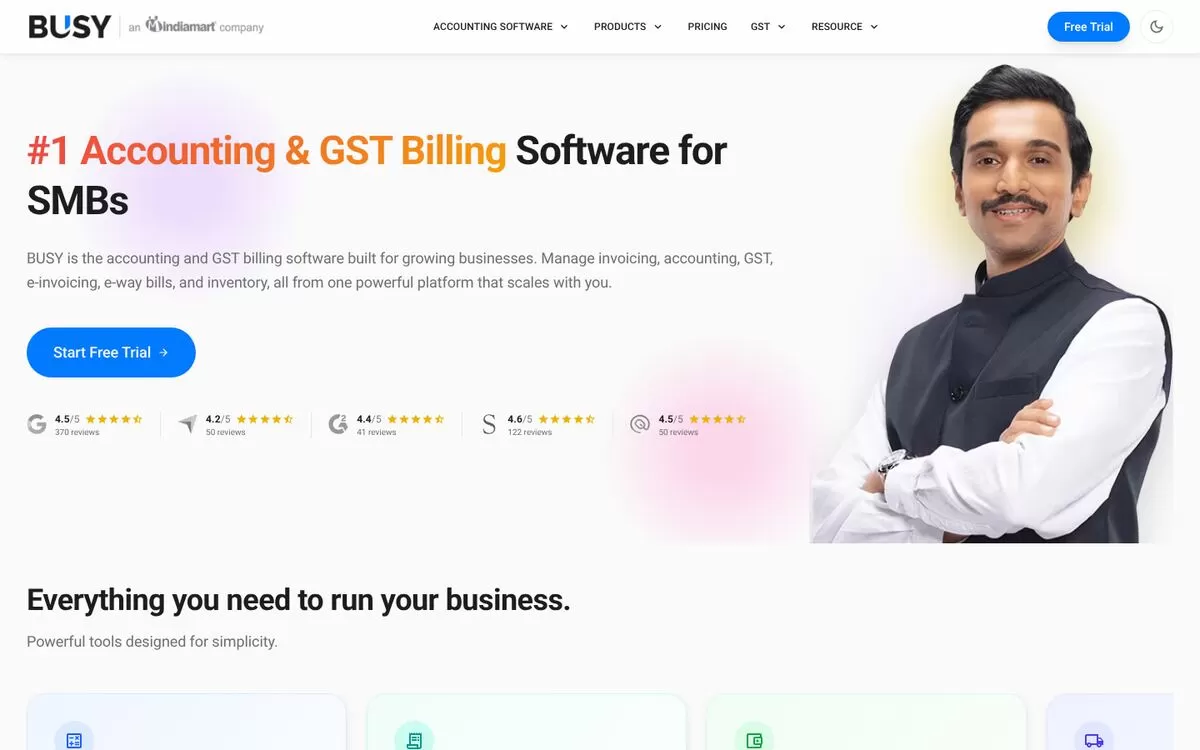 BUSY homepage for accounting and GST billing software, one of the best AI accounting tools