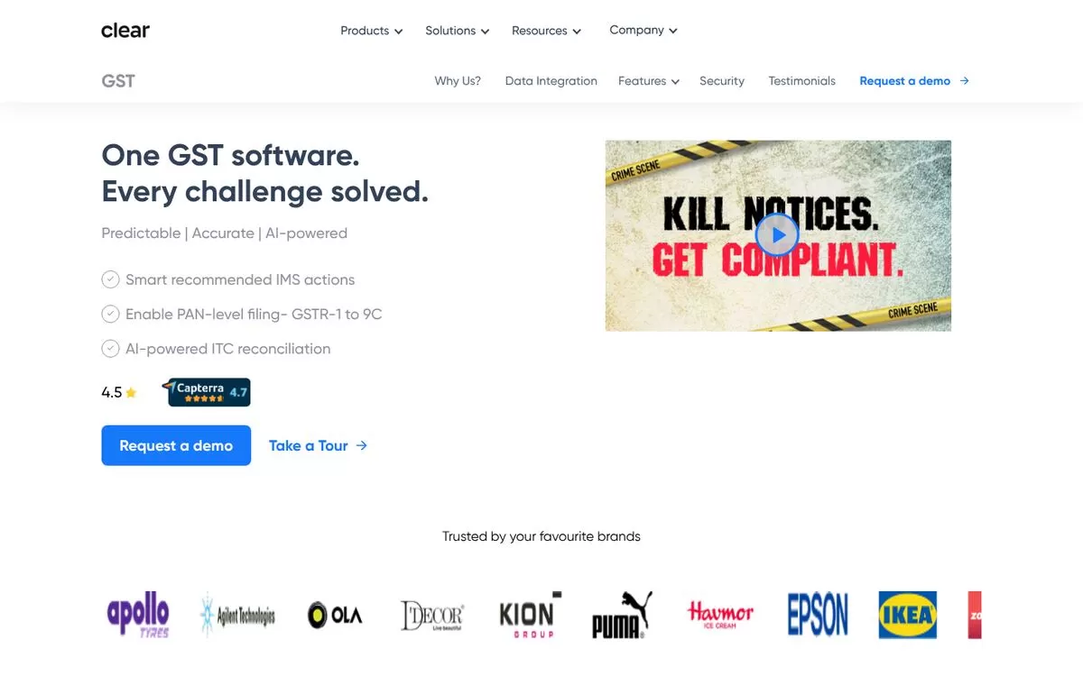 ClearTax GST software page showing AI-powered ITC reconciliation, one of the best AI accounting tools