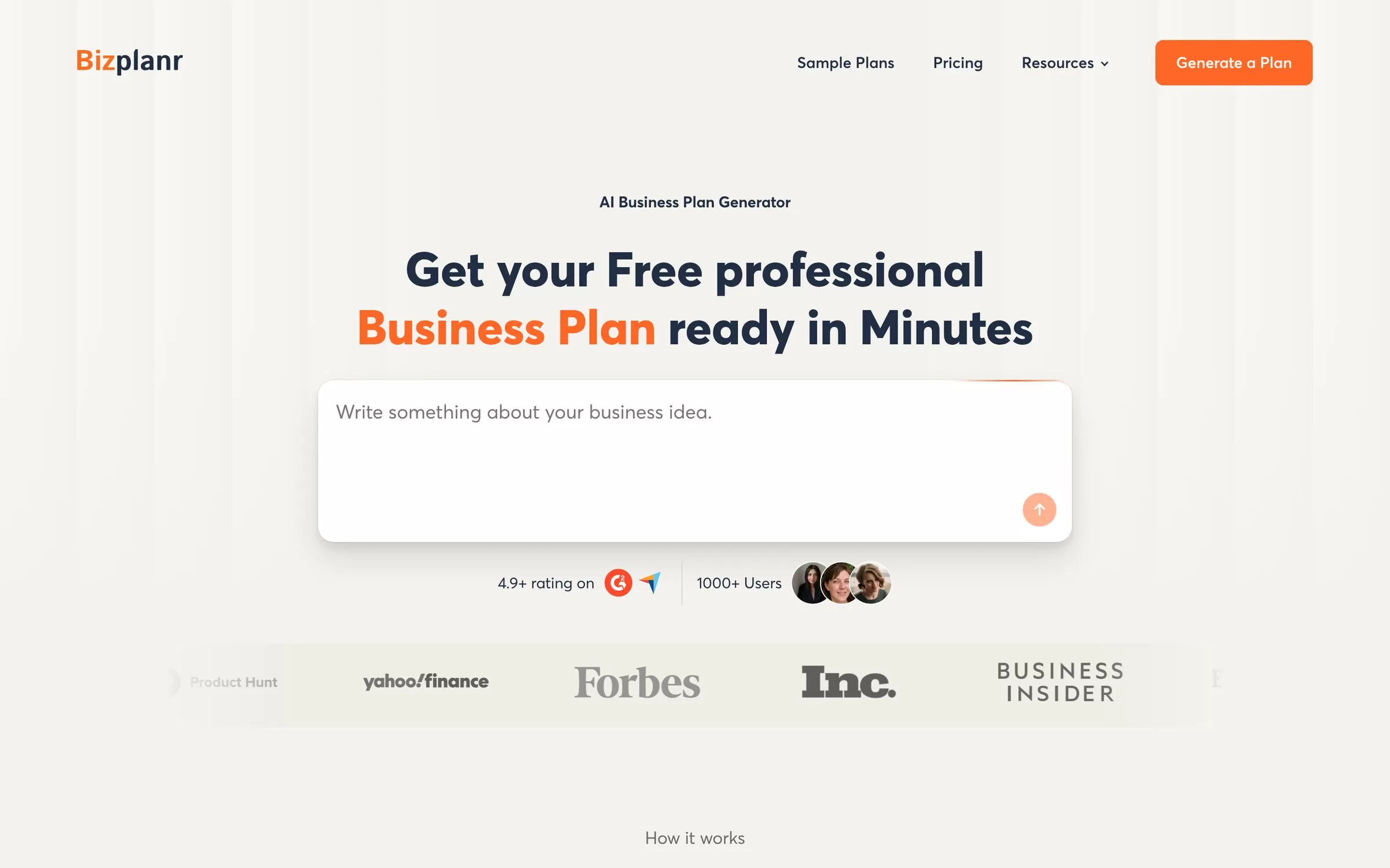 Bizplanr homepage with a box to describe your idea, a free AI business plan generator, one of the best AI business plan generators