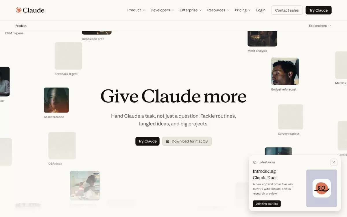 Claude homepage, a general assistant that can help draft sections as an AI business plan generator, one of the best AI business plan generators