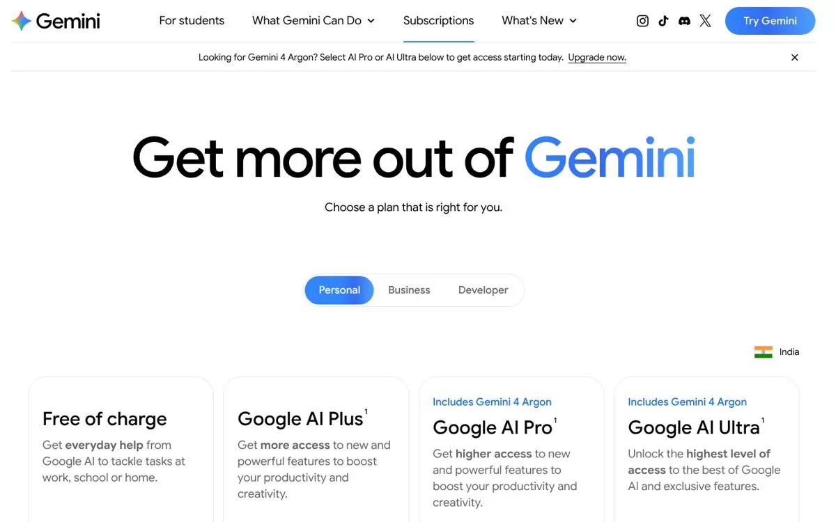 Google Gemini subscriptions page for India, a general assistant that helps with AI business plan work, one of the best AI business plan generators
