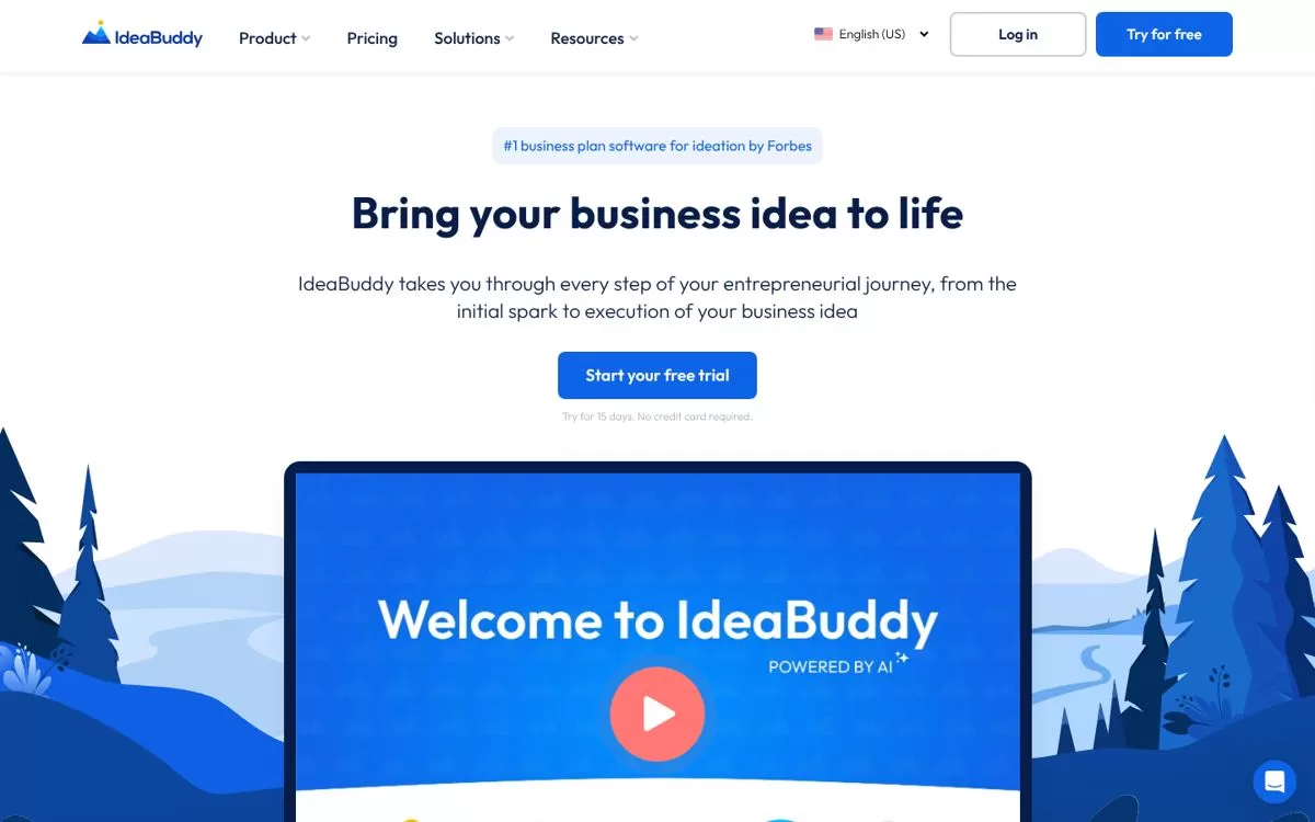 IdeaBuddy homepage showing AI-powered business planning software, one of the best AI business plan generators