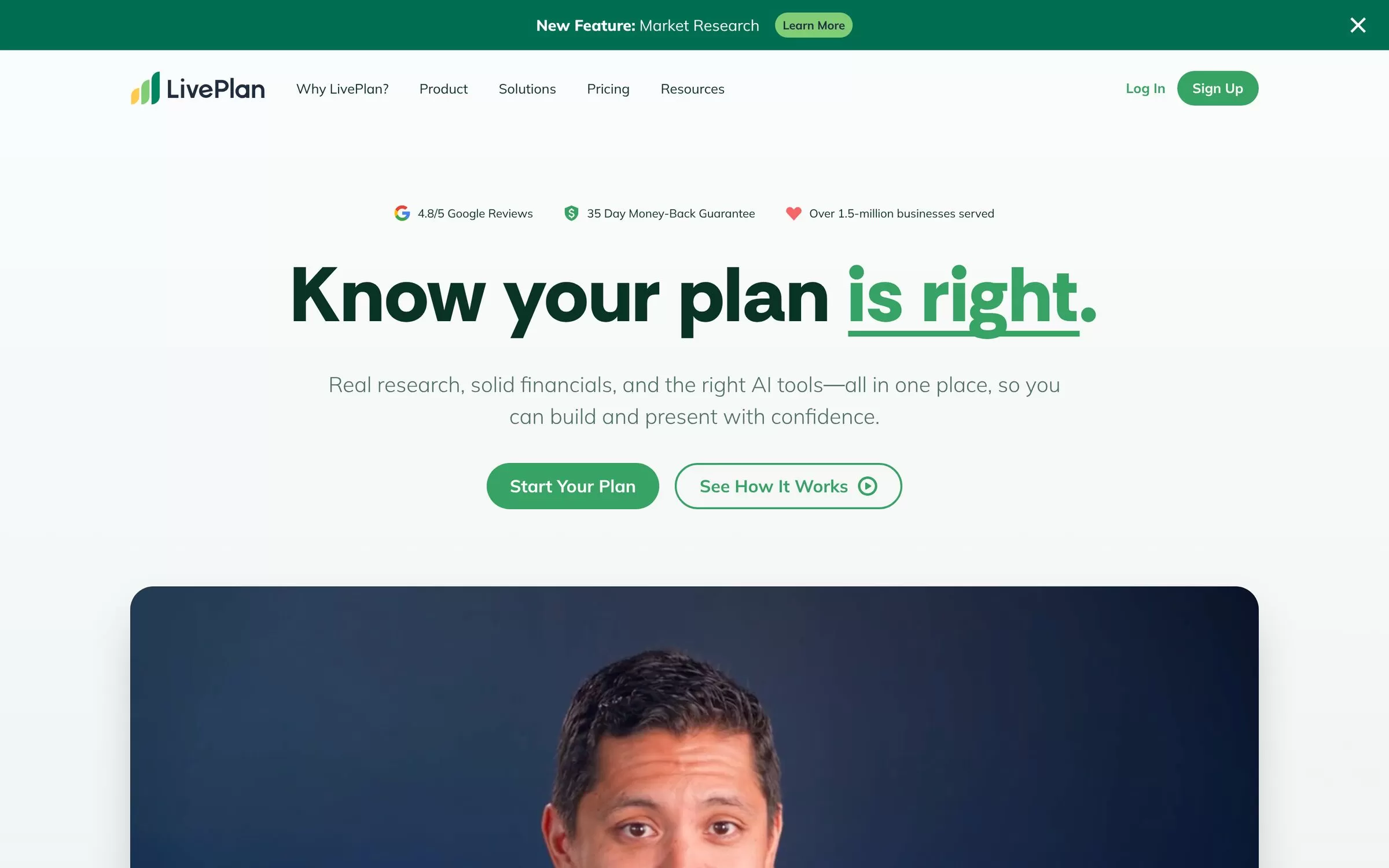 LivePlan homepage showing its business planning tool, one of the best AI business plan generators