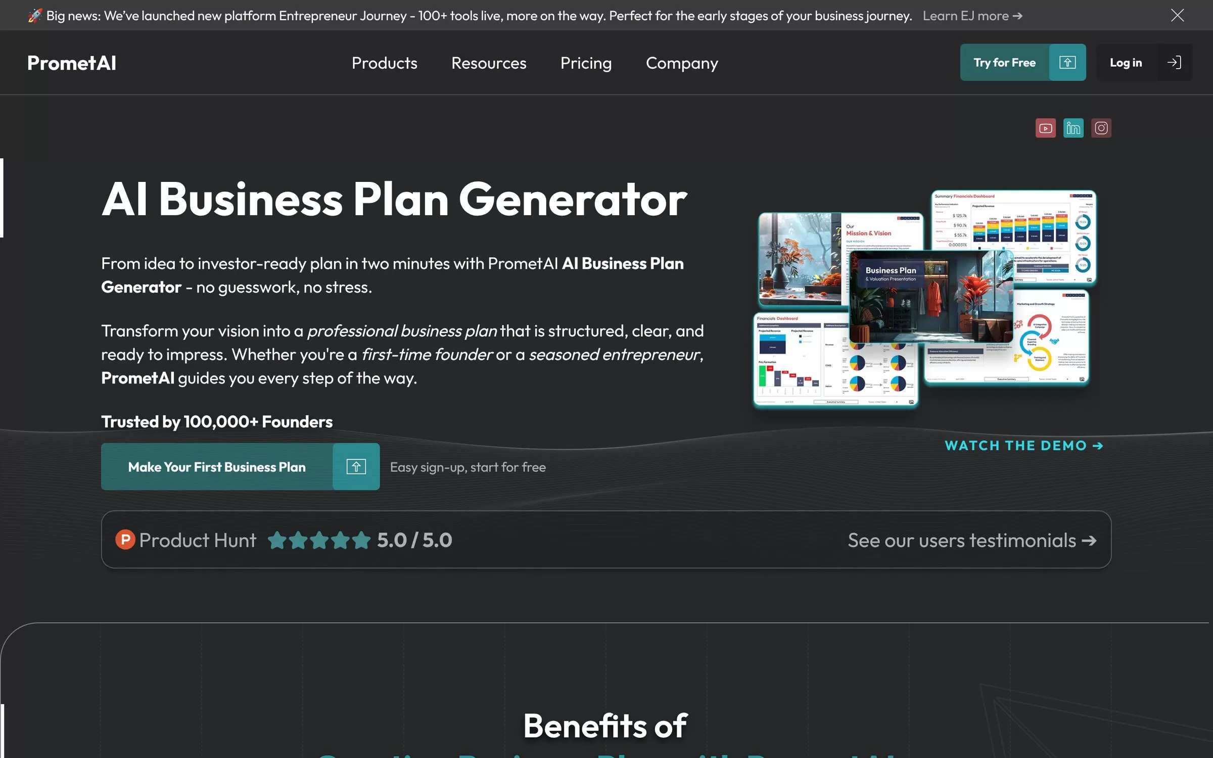 PrometAI homepage showing its AI business plan generator and sample plan pages, one of the best AI business plan generators