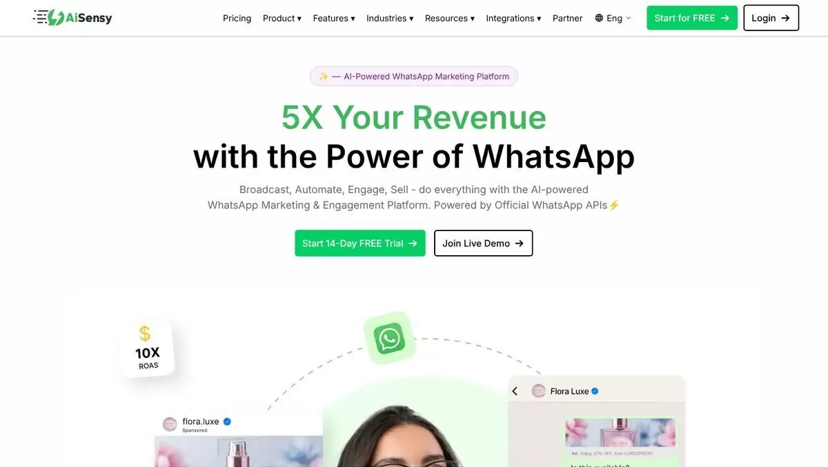 AiSensy homepage for an AI-powered WhatsApp marketing platform, one of the best AI chatbot builders