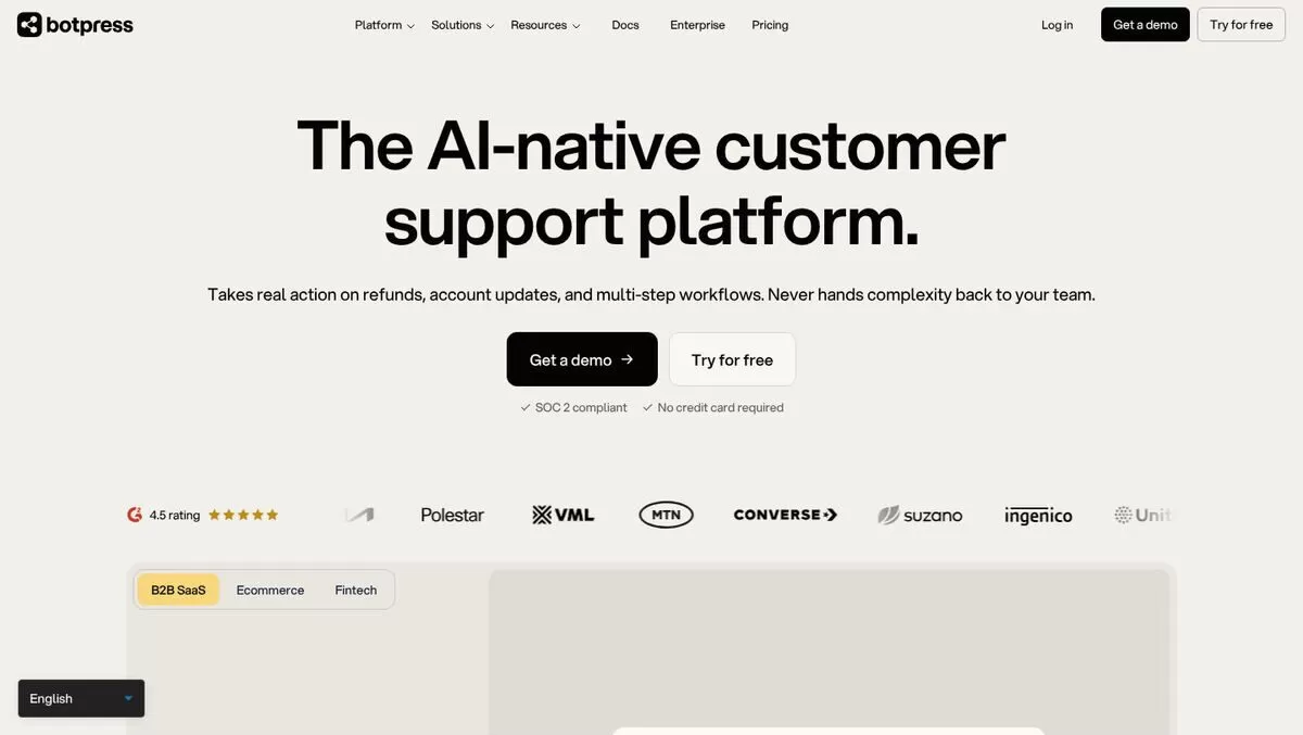 Botpress homepage for AI-native customer support agents, one of the best AI chatbot builders
