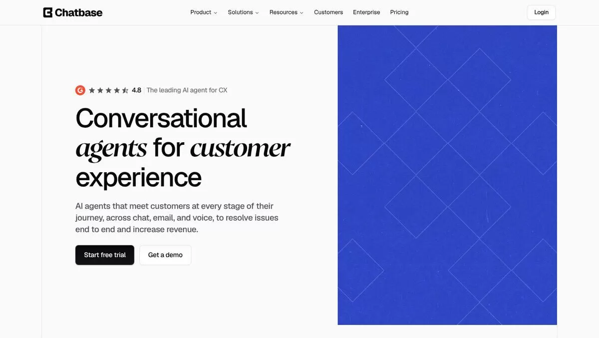 Chatbase homepage showing conversational AI agents for customer experience, one of the best AI chatbot builders