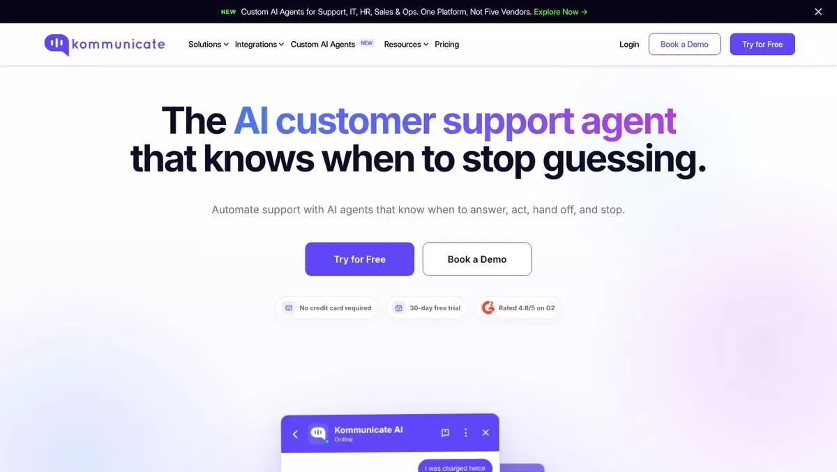 Kommunicate homepage for an AI customer support agent, one of the best AI chatbot builders