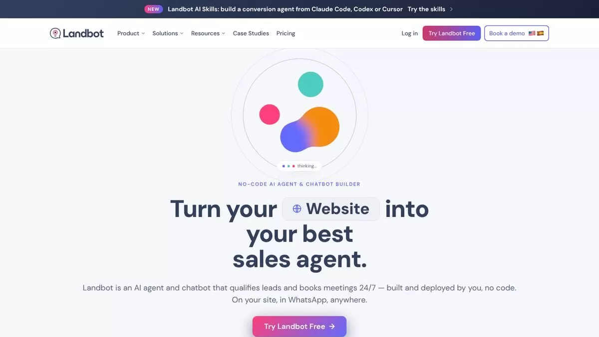 Landbot homepage for a no-code AI agent and chatbot builder, one of the best AI chatbot builders