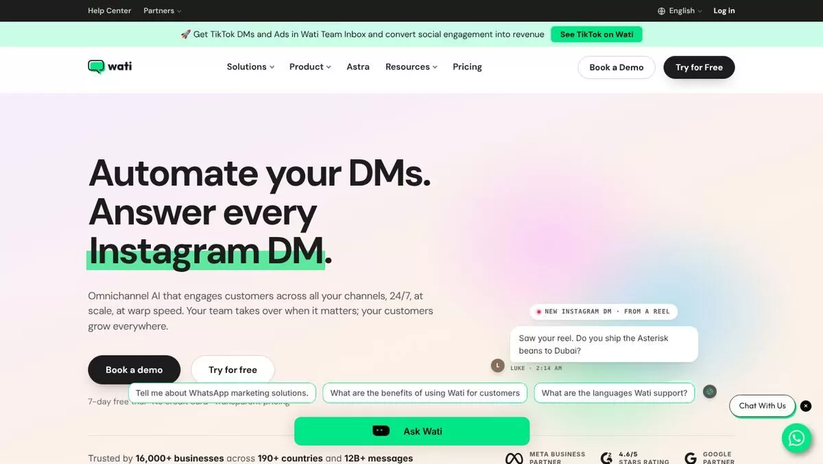 Wati homepage for omnichannel AI that automates DMs and WhatsApp, one of the best AI chatbot builders