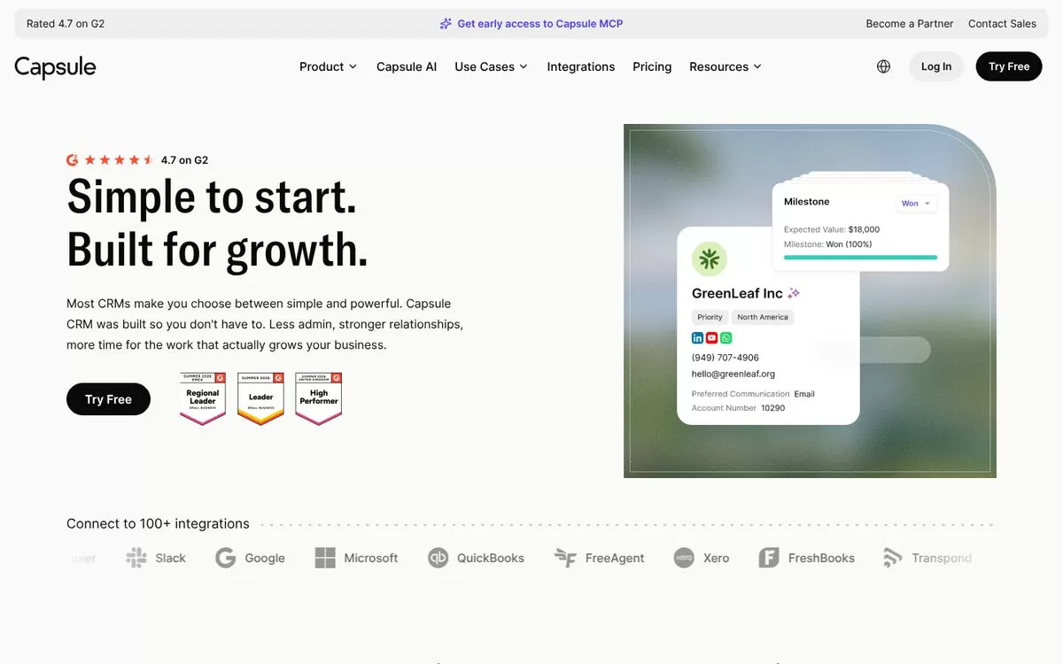 Capsule CRM homepage for a simple CRM built for growth, one of the best AI CRM tools
