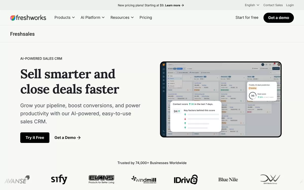 Freshsales homepage showing the AI-powered sales CRM, one of the best AI CRM tools