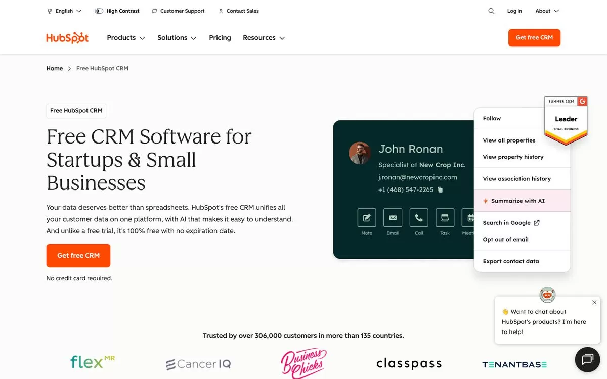 HubSpot free CRM homepage, one of the best AI CRM tools
