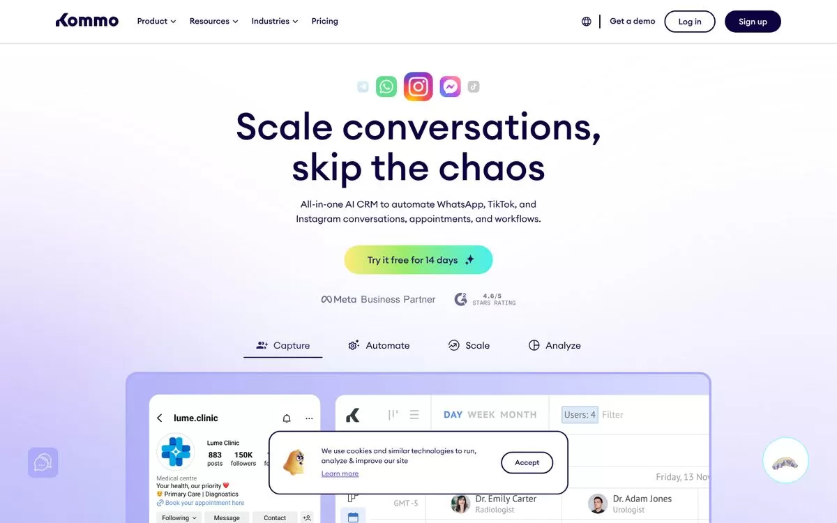 Kommo homepage for an AI CRM that automates WhatsApp and Instagram chats, one of the best AI CRM tools
