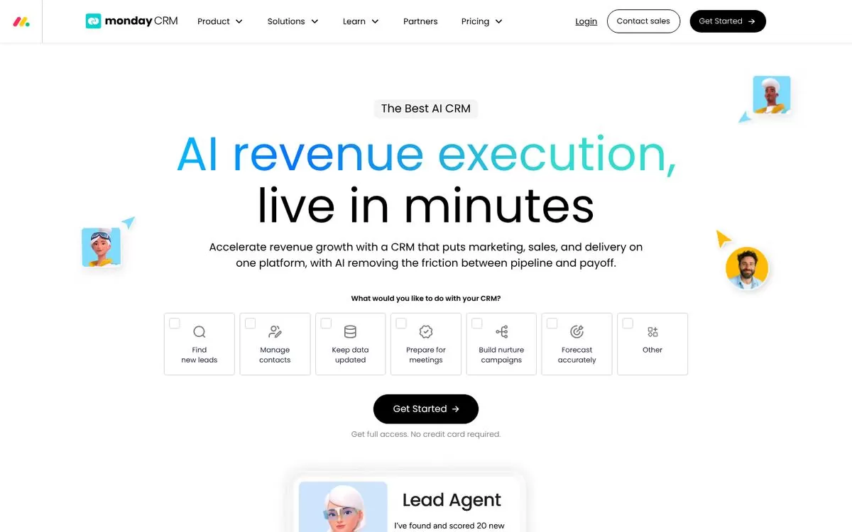 monday CRM homepage describing an AI revenue execution platform, one of the best AI CRM tools