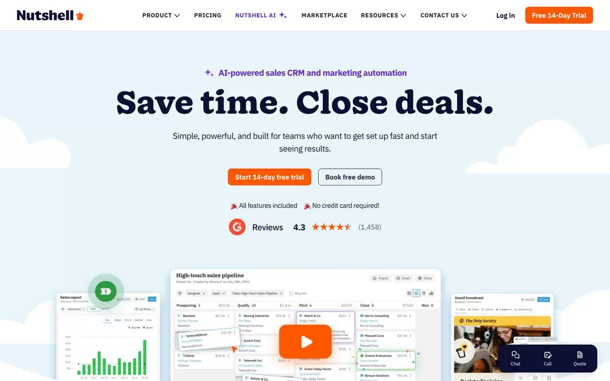 Nutshell homepage for an AI-powered sales CRM and marketing automation, one of the best AI CRM tools