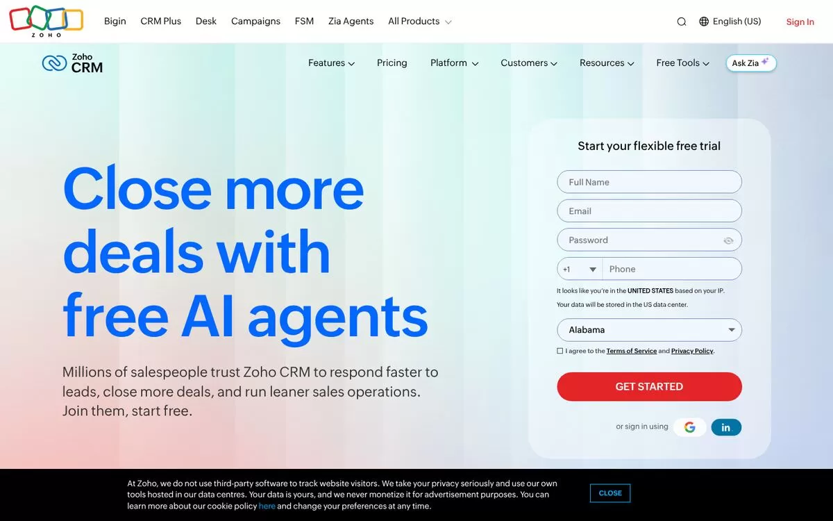 Zoho CRM homepage promoting AI agents, one of the best AI CRM tools