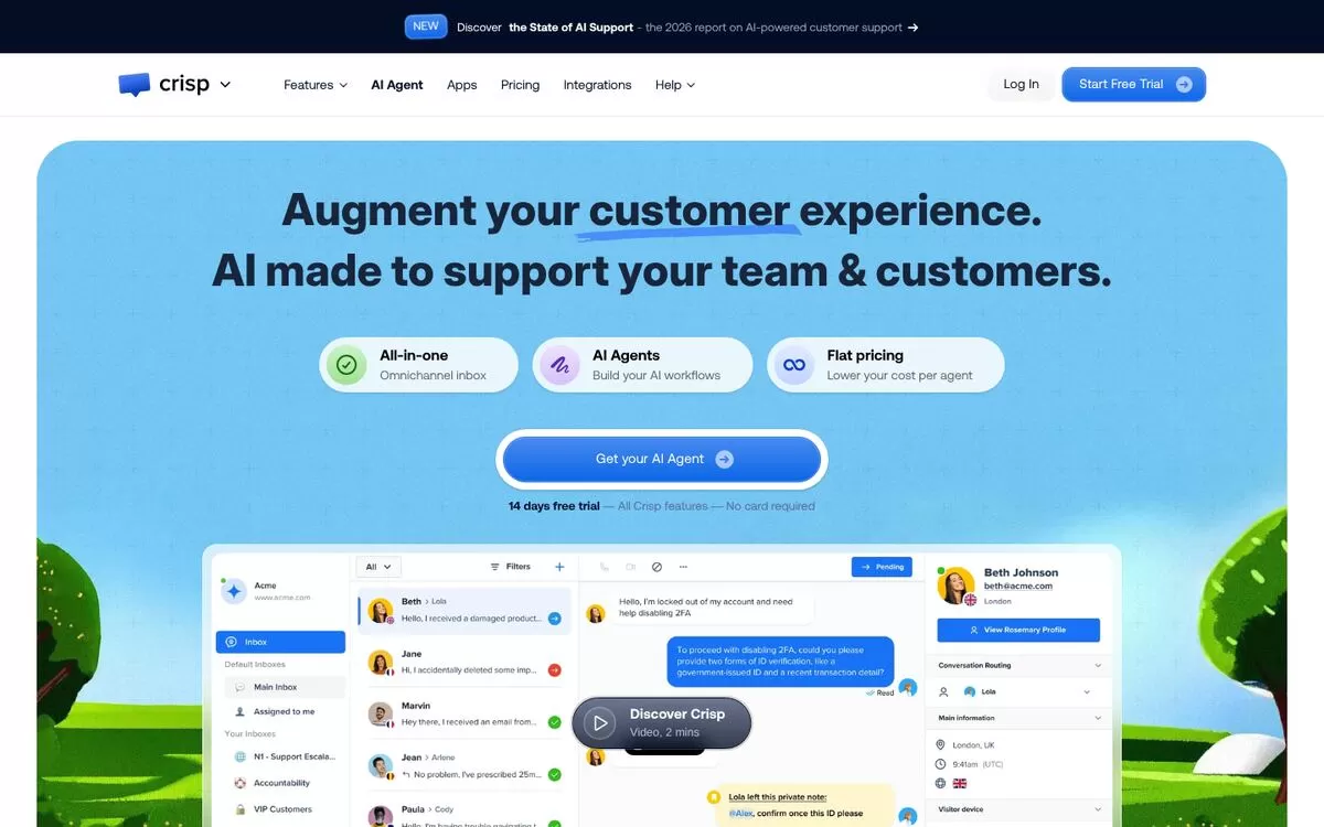 Crisp homepage showing its AI agent and shared inbox, one of the best AI customer support tools
