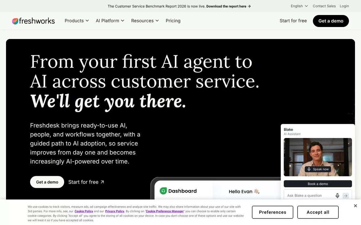 Freshdesk homepage showing its Freddy AI agent, one of the best AI customer support tools