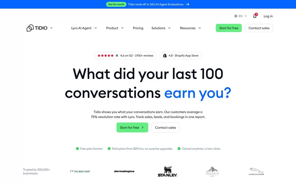 Tidio homepage showing its Lyro AI agent for support, one of the best AI customer support tools