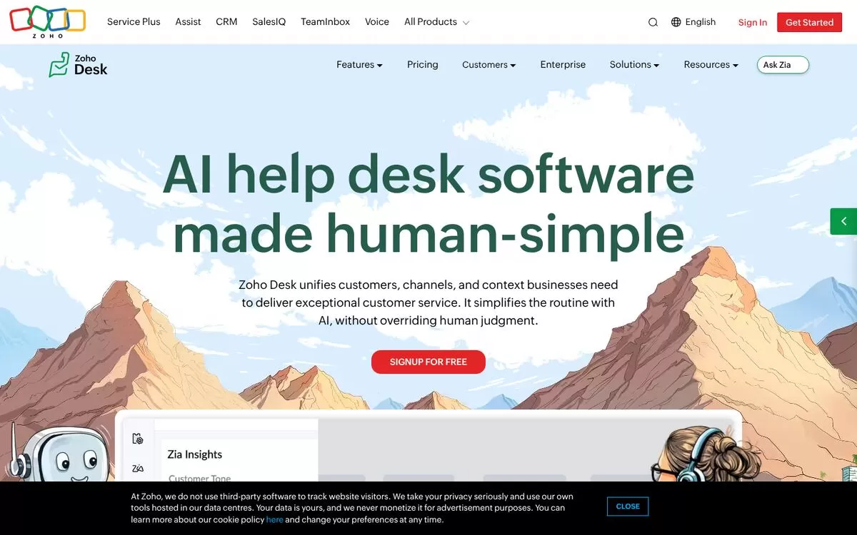 Zoho Desk homepage showing its AI help desk software, one of the best AI customer support tools