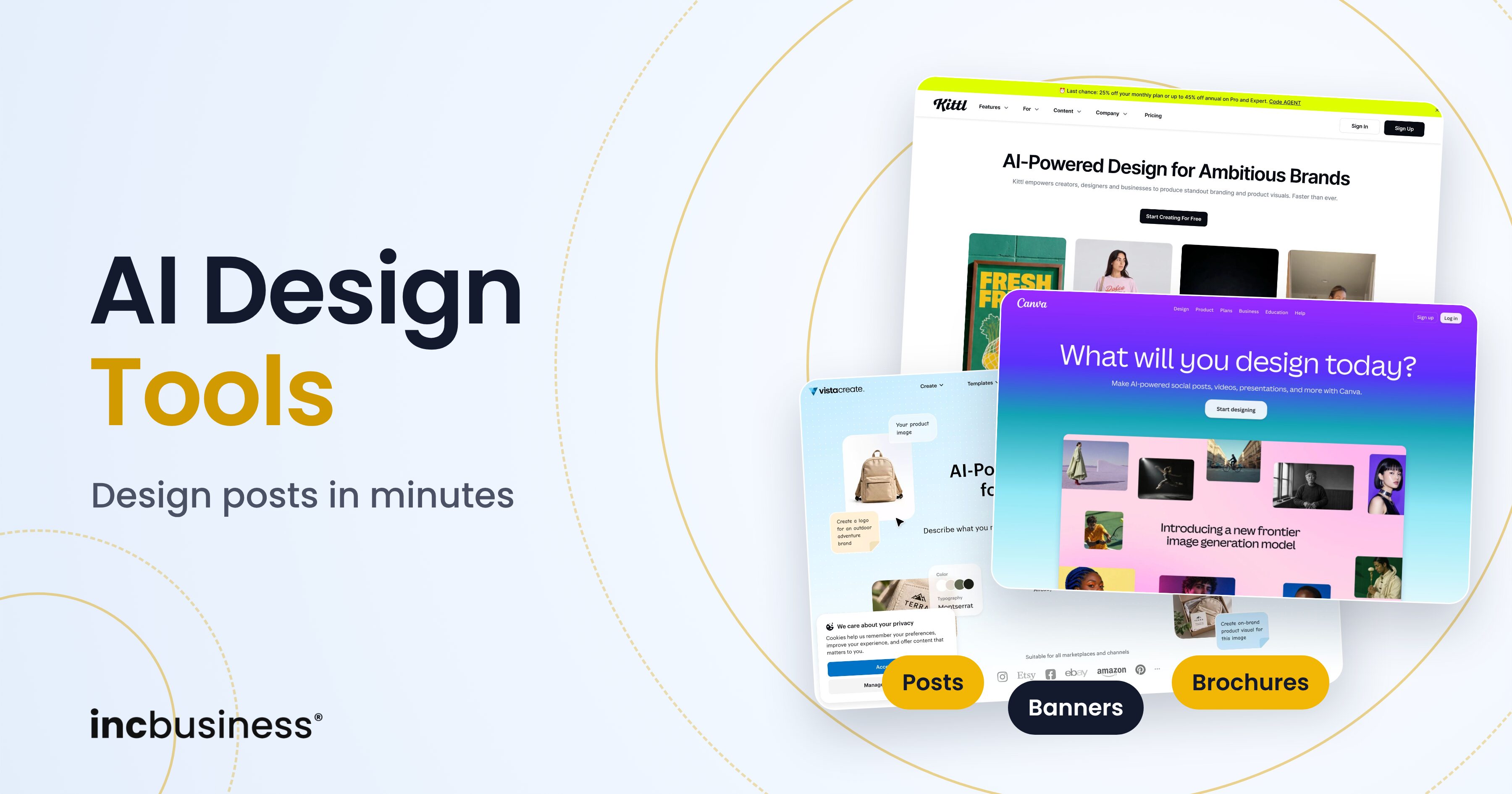 AI design tools cover showing Kittl, VistaCreate and Canva, some of the best AI design tools