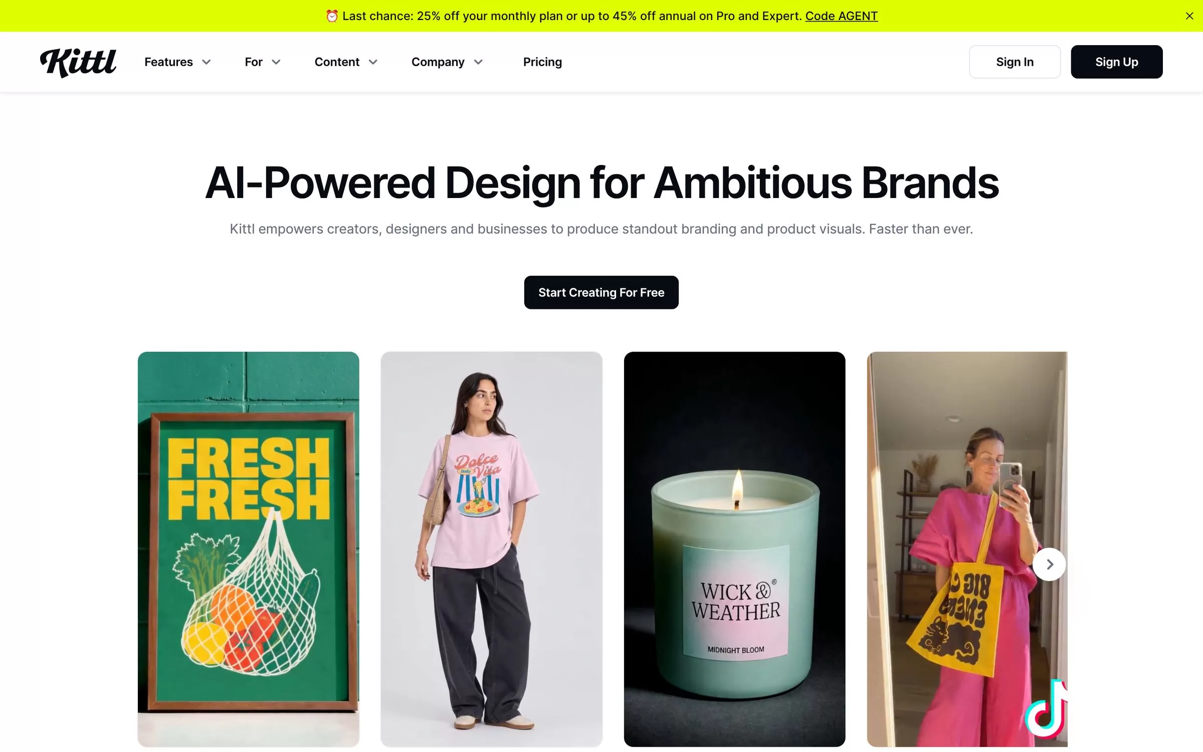 Kittl homepage showing AI-powered design for brands, one of the best AI graphic design tools, one of the best AI design tools