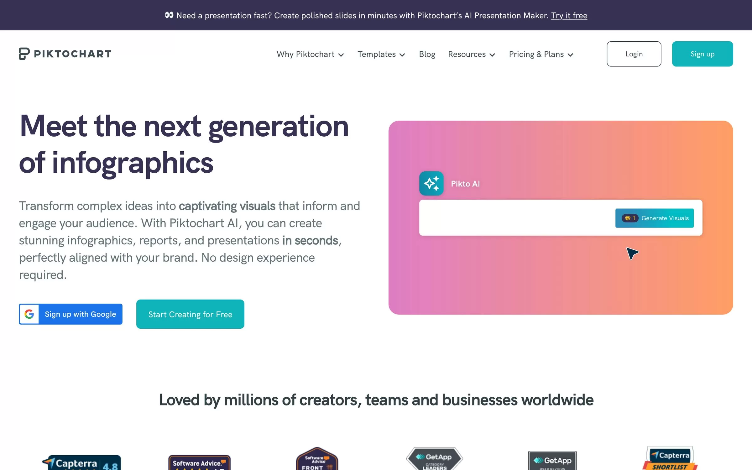Piktochart homepage showing Pikto AI generating infographics, an AI graphic design tool for reports, one of the best AI design tools
