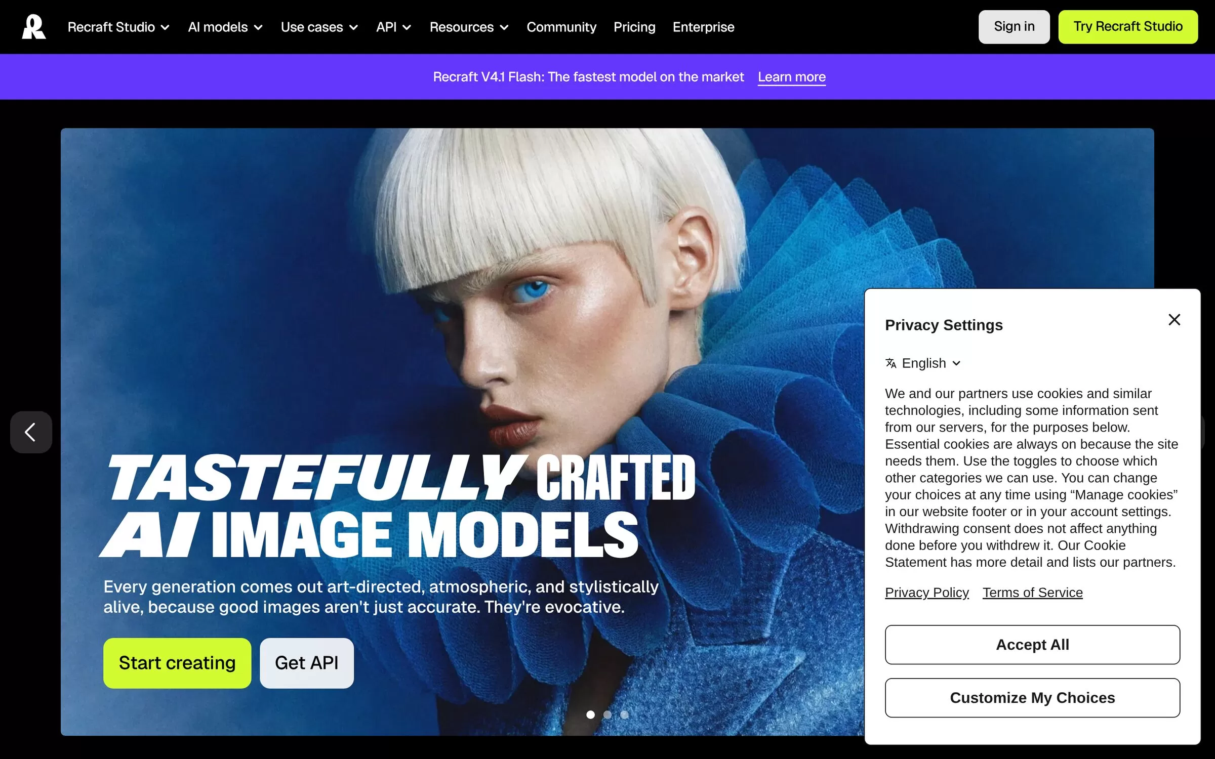 Recraft homepage showing its AI image models, an AI design tool for vectors and illustrations, one of the best AI design tools