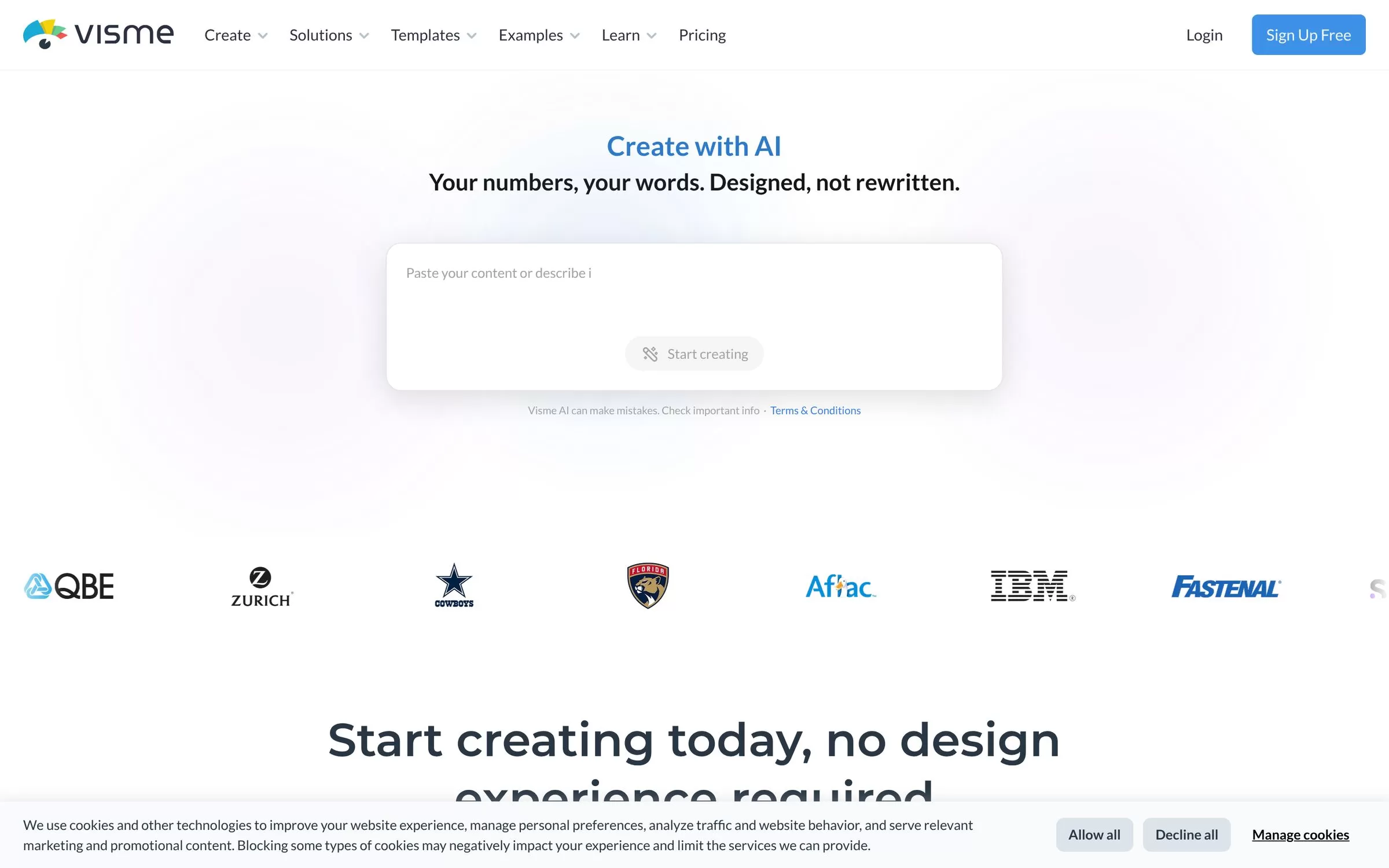 Visme homepage with its Create with AI prompt box, an AI design tool for brochures and reports, one of the best AI design tools