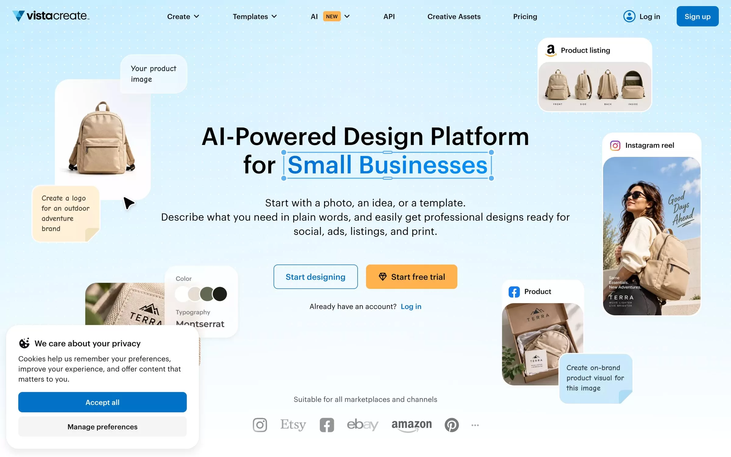 VistaCreate homepage showing an AI-powered design platform for small businesses, one of the best free AI design tools