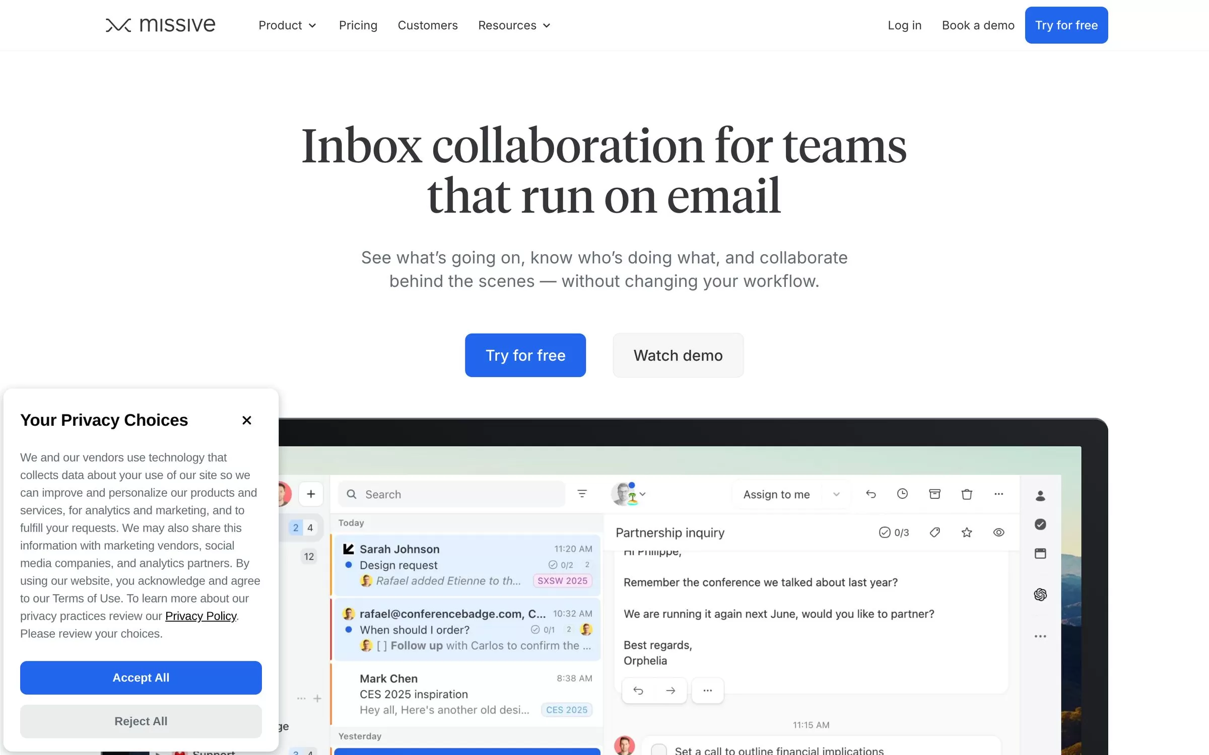 Missive homepage showing a team inbox, one of the best AI email assistants