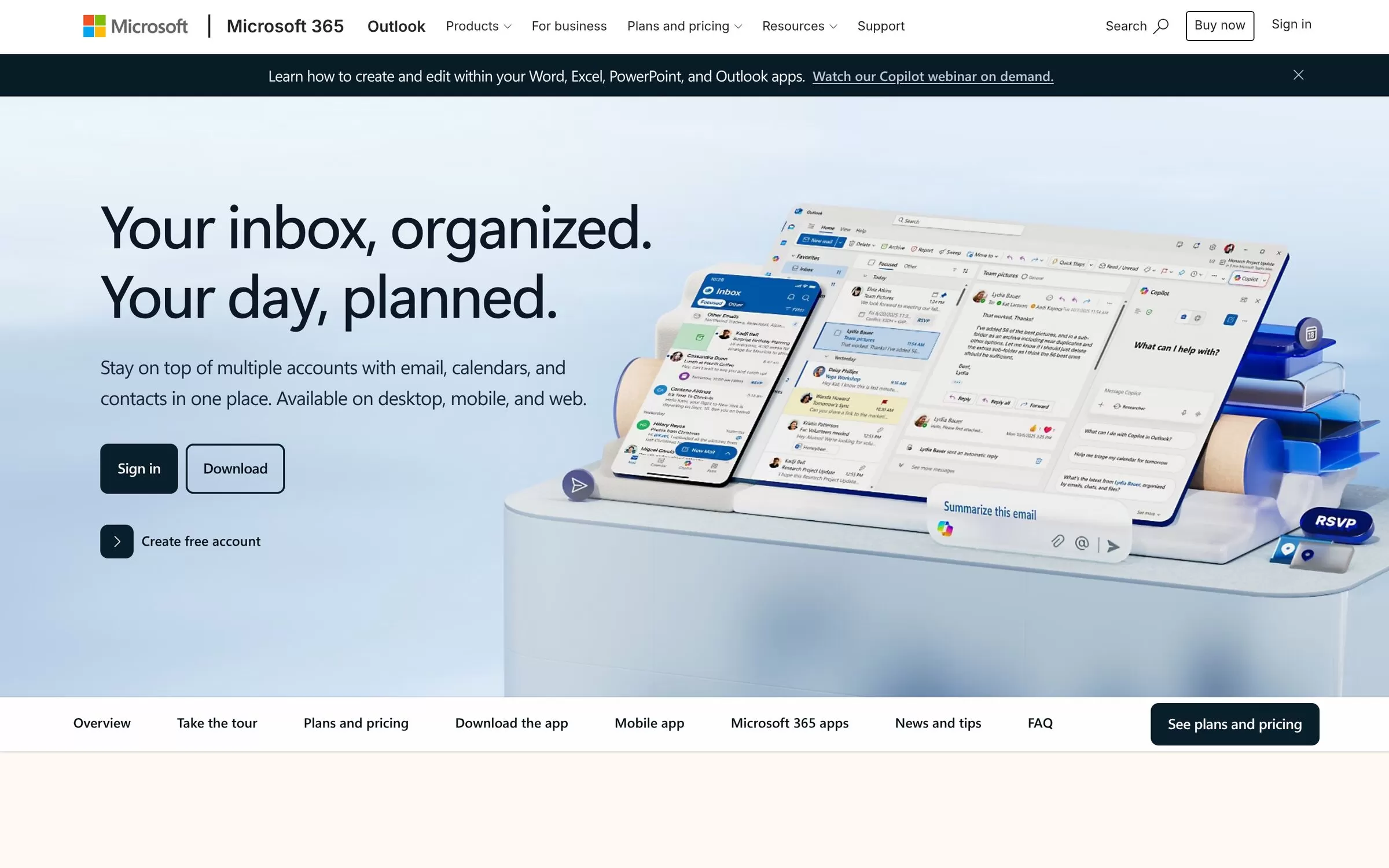 Outlook with Copilot page, an AI email assistant for Outlook, one of the best AI email assistants