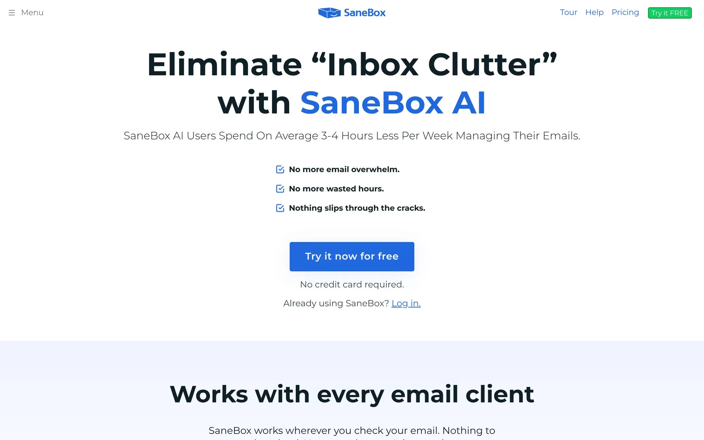 SaneBox homepage, one of the best AI email assistants for decluttering