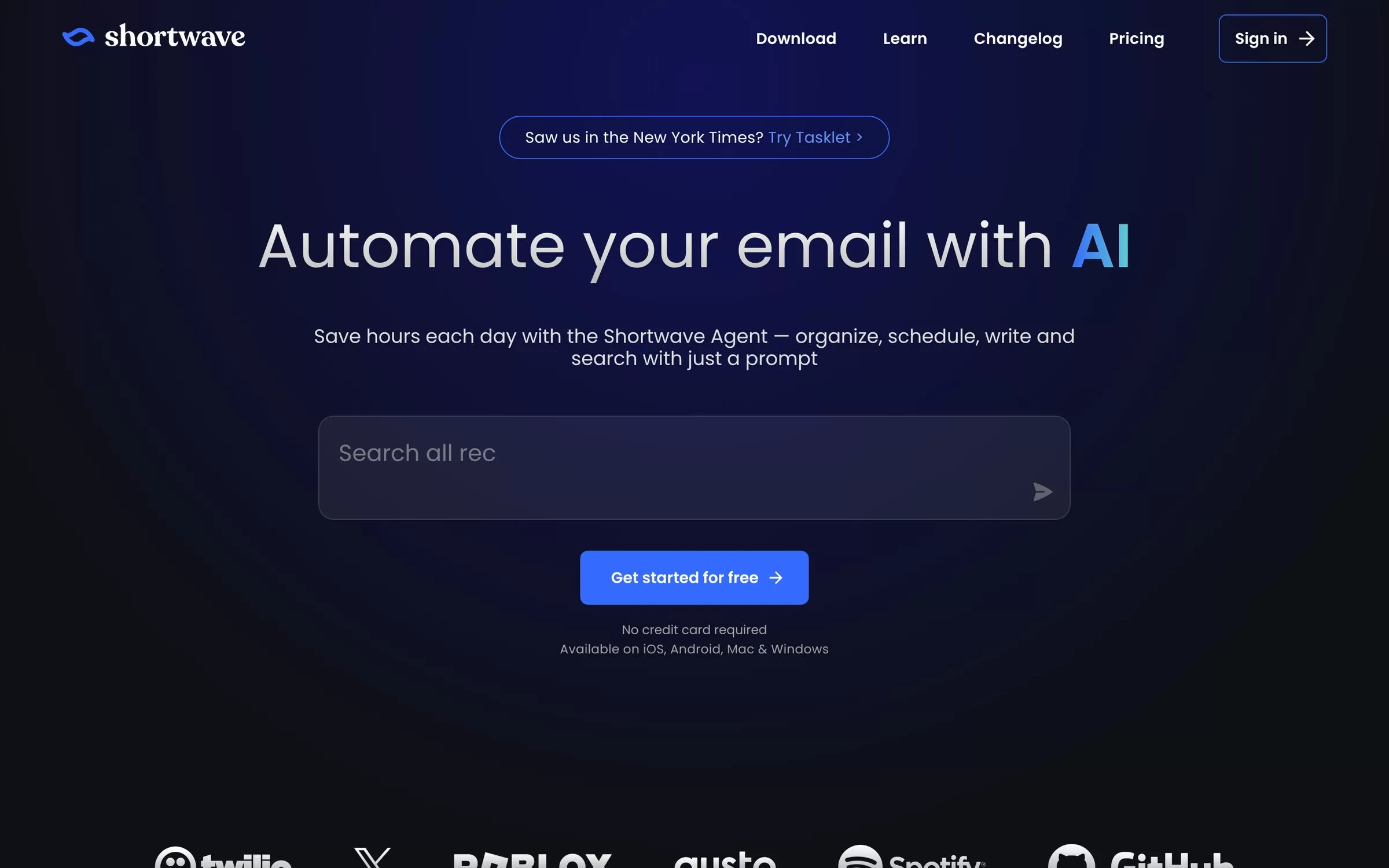 Shortwave homepage showing an AI email agent, one of the best AI email assistants