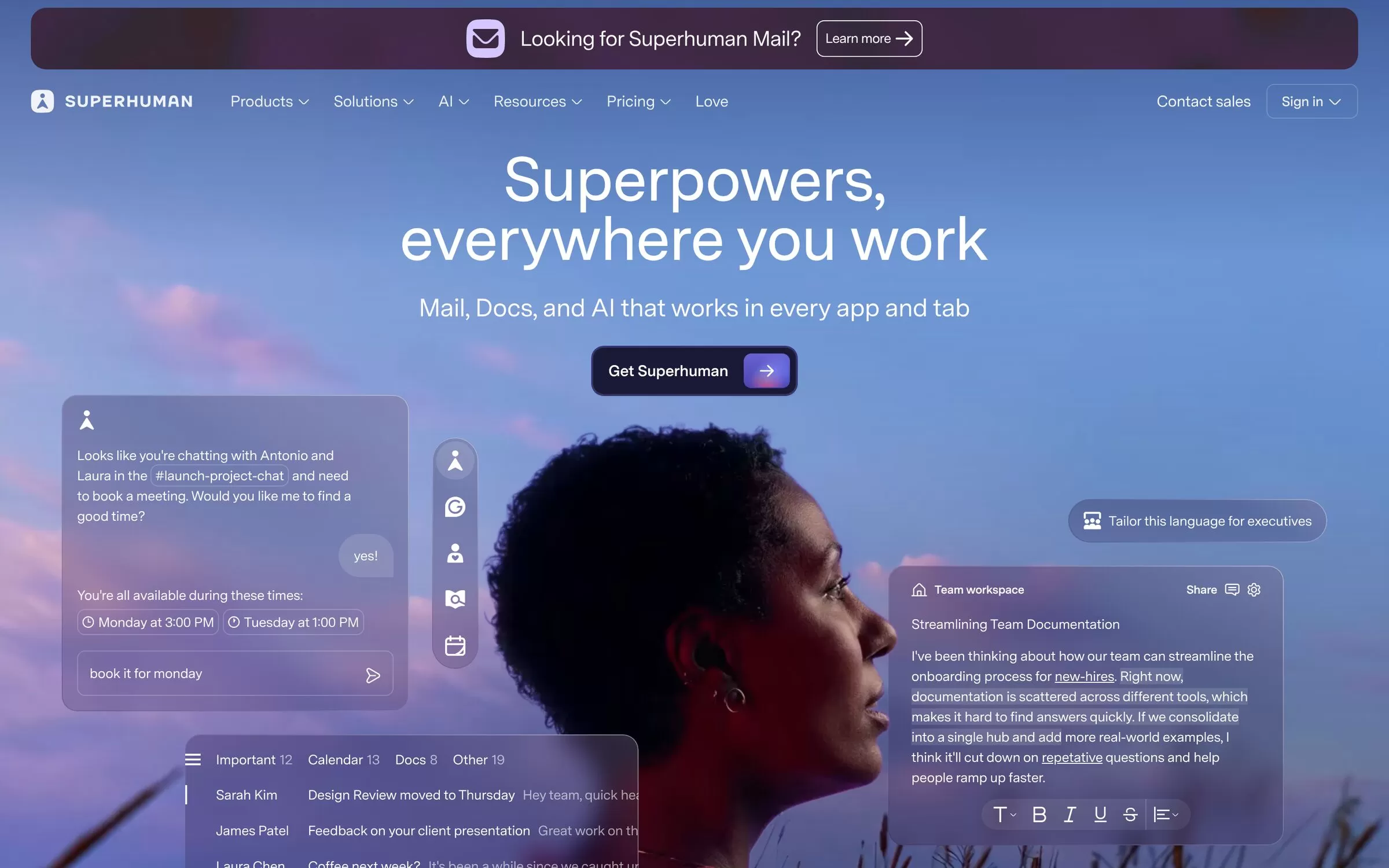 Superhuman homepage, one of the best AI email assistants