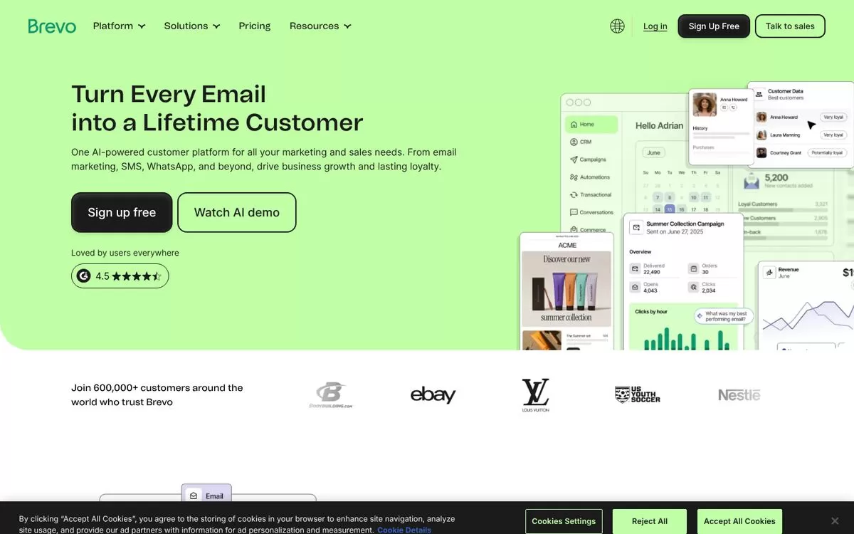 Brevo homepage showing an AI-powered customer platform, one of the best AI email marketing tools