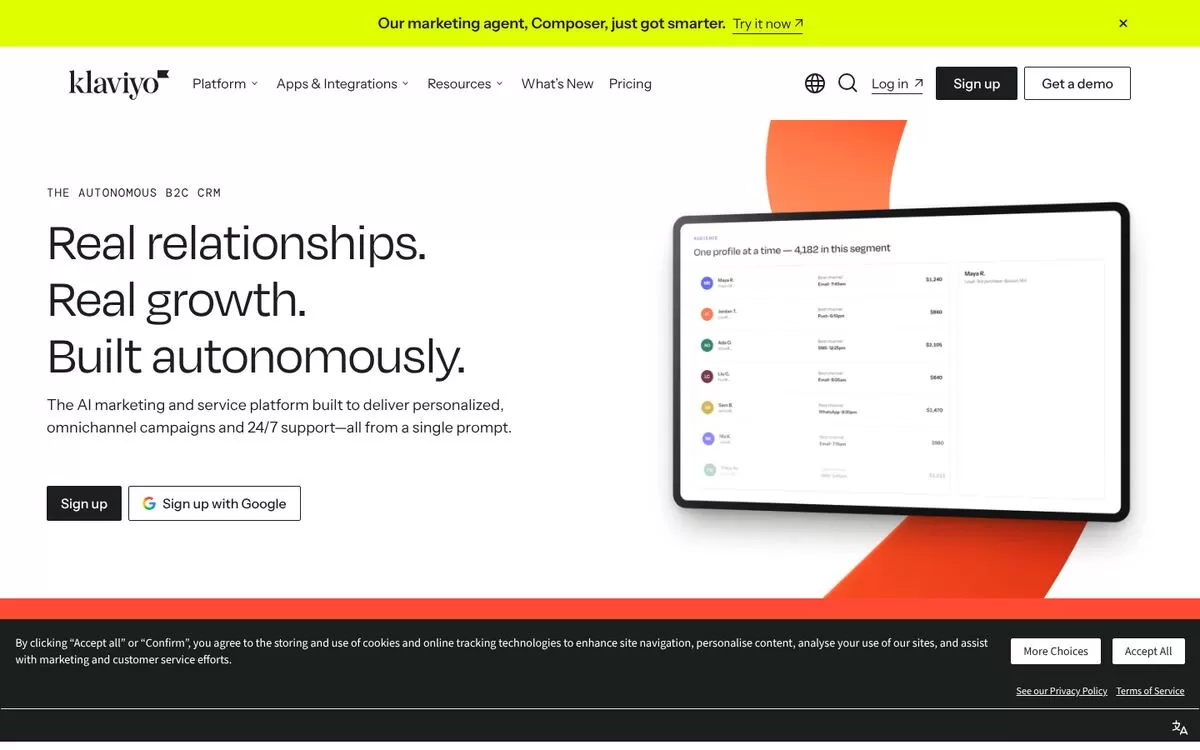 Klaviyo homepage showing an AI marketing platform, one of the best AI email marketing tools