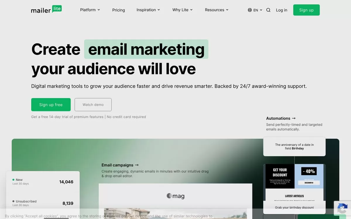 MailerLite homepage showing the email campaign editor, one of the best AI email marketing tools